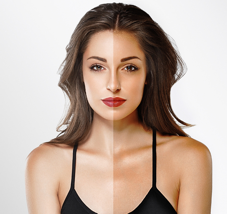woman tan half face beautiful portrait spray. Studio shot.の写真素材