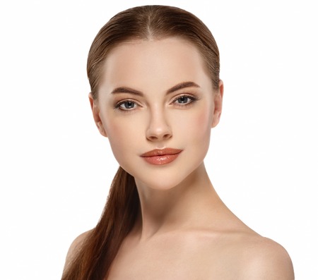Beautiful woman face studio on white with sexy lips.の写真素材