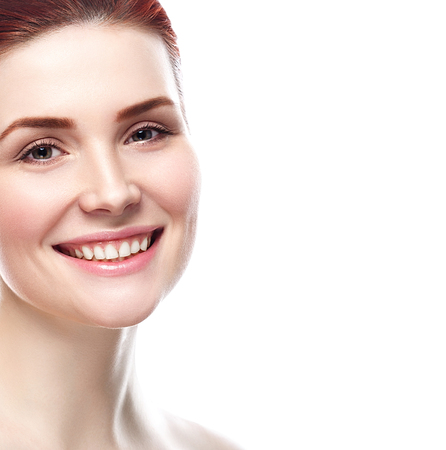 Glamour portrait of beautiful woman model with fresh daily makeup Healthy skin concept isolated on white backgroundの写真素材