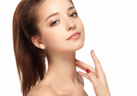 Woman Beauty portrait of attractive female. Skin care, cosmetics and makeup concept.Isolated on white. Healthy perfect skin.の写真素材
