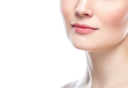 Perfect Lips.Neck chin cheeks. Sexy Girl Mouth close up. Beauty young woman Smile. Natural plump full Lip. Lips augmentation. Close up detailの写真素材