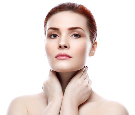 Glamour portrait of beautiful woman model with fresh daily makeup Healthy skin concept isolated on white backgroundの写真素材