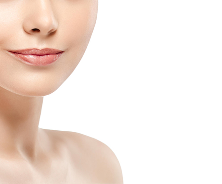 Perfect Lips.Neck chin cheeks. Sexy Girl Mouth close up. Beauty young woman Smile. Natural plump full Lip. Lips augmentation. Close up detailの写真素材
