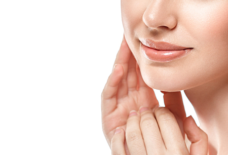 Perfect Lips.Neck chin cheeks. Sexy Girl Mouth close up. Beauty young woman Smile. Natural plump full Lip. Lips augmentation. Close up detailの写真素材