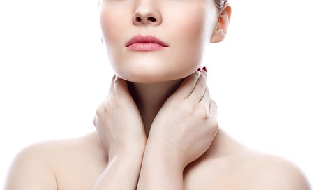 Perfect Lips.Neck chin cheeks. Sexy Girl Mouth close up. Beauty young woman Smile. Natural plump full Lip. Lips augmentation. Close up detailの写真素材