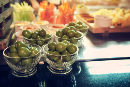 Italian snack olive meat cheese. Close up view. Indoor shot.の写真素材