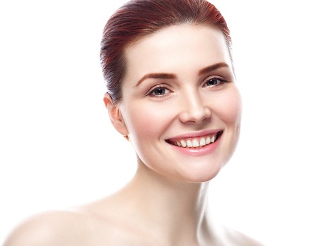 Glamour portrait of beautiful woman model with fresh daily makeup Healthy skin concept isolated on white backgroundの写真素材