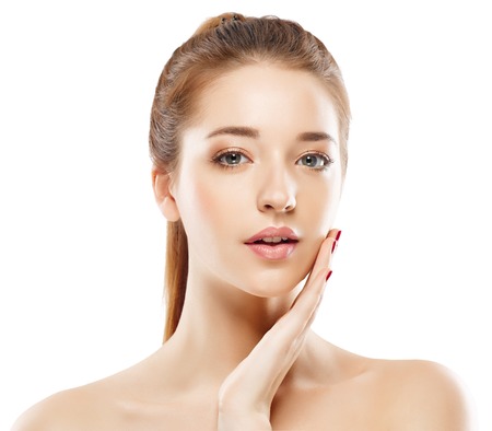 Woman portrait beautiful close-up with healthy skin happy. Studio shot. Isolated on white.の写真素材