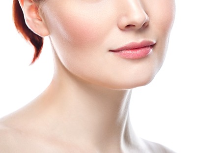 Perfect Lips.Neck chin cheeks. Sexy Girl Mouth close up. Beauty young woman Smile. Natural plump full Lip. Lips augmentation. Close up detailの写真素材