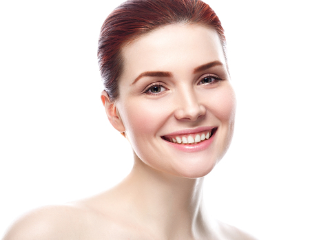 Glamour portrait of beautiful woman model with fresh daily makeup Healthy skin concept isolated on white backgroundの写真素材