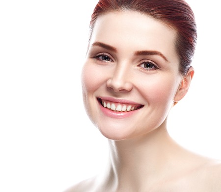 Glamour portrait of beautiful woman model with fresh daily makeup Healthy skin concept isolated on white backgroundの写真素材