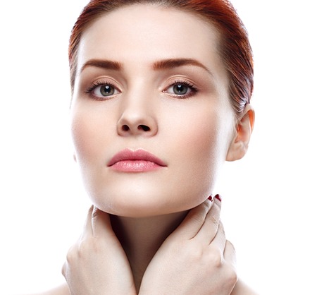 Glamour portrait of beautiful woman model with fresh daily makeup Healthy skin concept isolated on white backgroundの写真素材