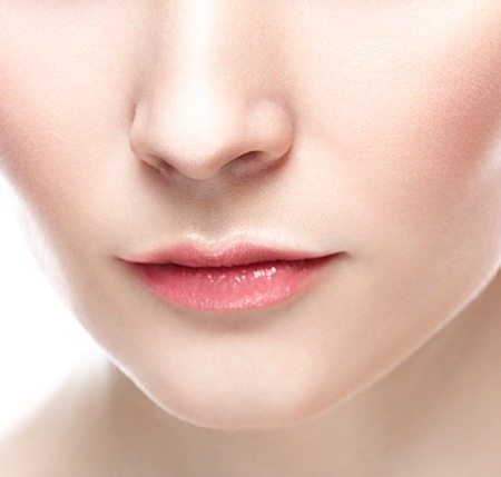 Perfect Lips.Neck chin cheeks. Sexy Girl Mouth close up. Beauty young woman Smile. Natural plump full Lip. Lips augmentation. Close up detailの写真素材