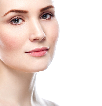 Glamour portrait of beautiful woman model with fresh daily makeup Healthy skin concept isolated on white backgroundの写真素材
