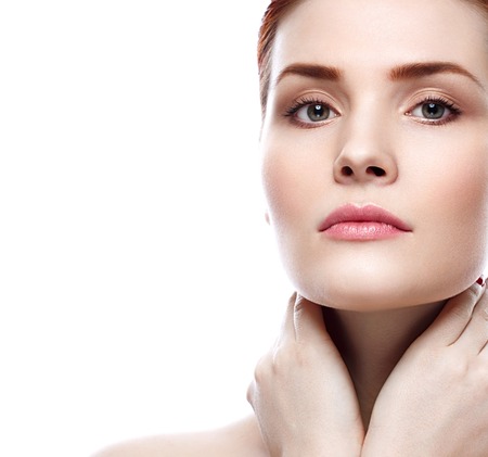 Glamour portrait of beautiful woman model with fresh daily makeup Healthy skin concept isolated on white backgroundの写真素材