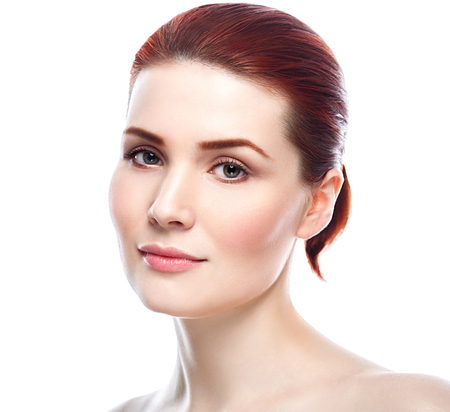 Glamour portrait of beautiful woman model with fresh daily makeup Healthy skin concept isolated on white backgroundの写真素材