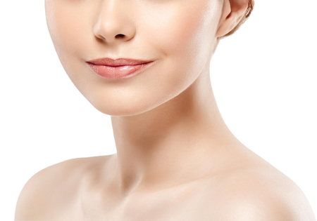 Perfect Lips.Neck chin cheeks. Sexy Girl Mouth close up. Beauty young woman Smile. Natural plump full Lip. Lips augmentation. Close up detailの写真素材