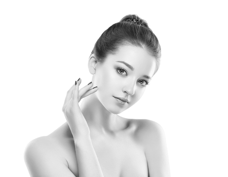 Beauty Woman face Portrait. Black and white. Beautiful model Girl with Perfect Fresh Clean Skin. Youth and Skin Care Concept.の写真素材