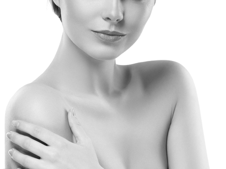 Blonde woman beauty portrait close-up. Isolated on white. Black and white. Studio shot.の写真素材
