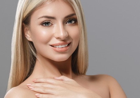 Beautiful woman blond portrait face. Studio shotの写真素材