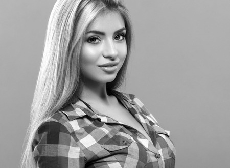 Beautiful woman blond portrait face. Black and white. Studio shot.の写真素材