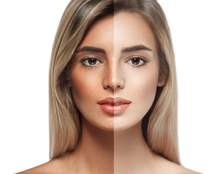 woman tan half face beautiful portrait. Studio shot.の写真素材
