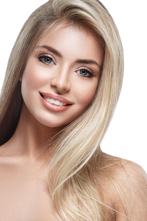 Beautiful woman blond portrait face. Studio shotの写真素材