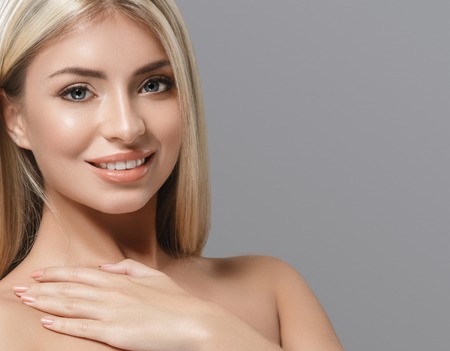 Beautiful woman blond portrait face. Studio shotの写真素材