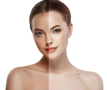 woman tan half face beautiful portrait spray. Studio shot.の写真素材