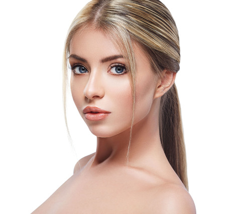 Beautiful woman blond portrait face. Studio shotの写真素材