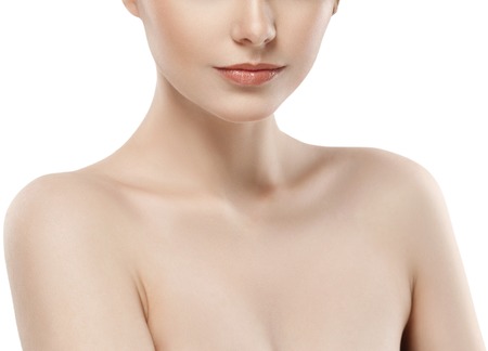 Woman neck shoulder lips nose chin cheeks. Studio shot.の写真素材