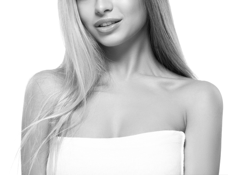 Lips nose neck Woman face young beautiful healthy skin portrait black and white. Studio shot.の写真素材