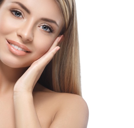 Blonde woman beauty portrait close-up. isolated on white. Studio shot.の写真素材
