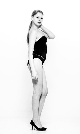 Woman body full length posing.  Black and white. Studio shot.の写真素材