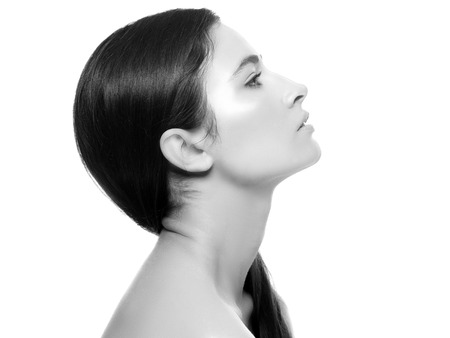 Woman face young beautiful healthy skin portrait black and white. Studio shot.の写真素材