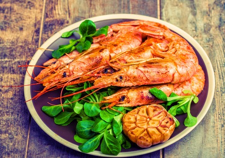 Shrimp with lemon and garlic. Close up.の写真素材