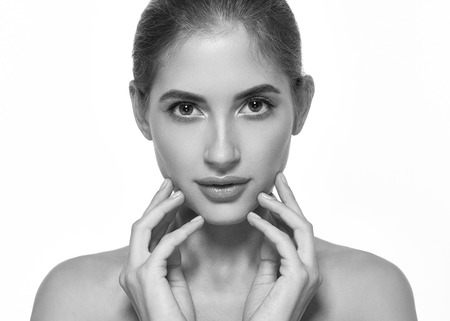 Woman portrait beauty beautiful skin. Woman face black and white. Studio shot.の写真素材