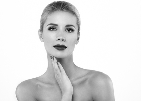 Woman headshot face blonde portrait closeup black and white. Studio shot.の写真素材