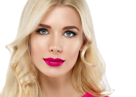 Woman with lips mouth red pink lip and blonde hair portrait. Isolated on white.の写真素材
