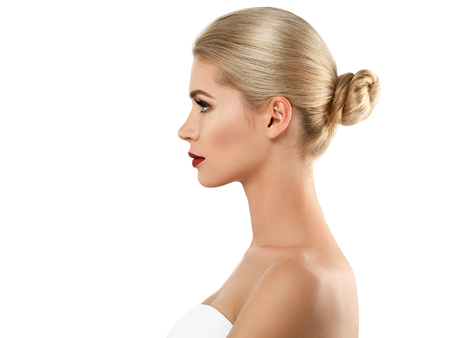 Woman with lips mouth red pink lip and blonde hair portrait. Isolated on white.の写真素材