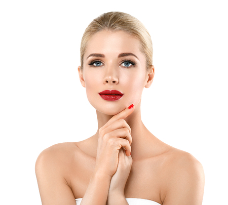 Woman nail manicure lipstick same color beauty portrait beautiful care. Isolated in white.の写真素材