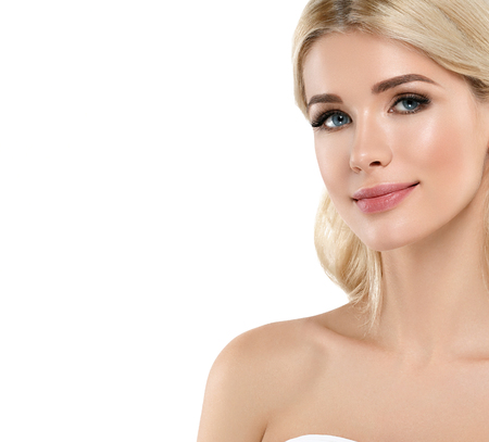 Blonde Woman Beautiful Portrait. Cosmetic concept, platinum Blond Hair Model Girl. Studio shot. Isolated on white.の写真素材