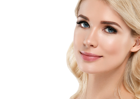Blonde Woman Beautiful Portrait. Cosmetic concept, platinum Blond Hair Model Girl. Studio shot. Isolated on white.の写真素材