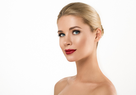 Woman with lips mouth red pink lip and blonde hair portrait. Isolated on white.の写真素材
