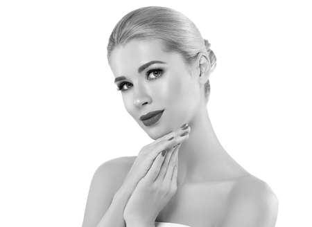 Woman headshot face blonde portrait closeup black and white. Studio shot.の写真素材