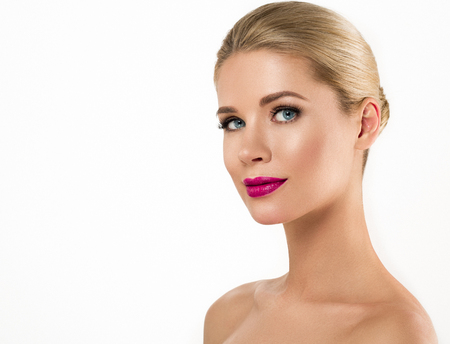 Woman with lips mouth red pink lip and blonde hair portrait. Isolated on white.の写真素材