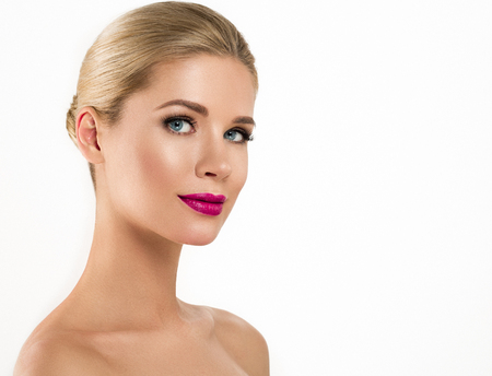 Woman with lips mouth red pink lip and blonde hair portrait. Isolated on white.の写真素材