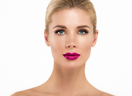 Woman with lips mouth red pink lip and blonde hair portrait. Isolated on white.の写真素材