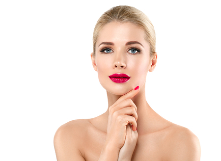 Woman nail manicure lipstick same color beauty portrait beautiful care. Isolated in white.の写真素材
