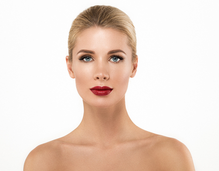 Woman with lips mouth red pink lip and blonde hair portrait. Isolated on white.の写真素材